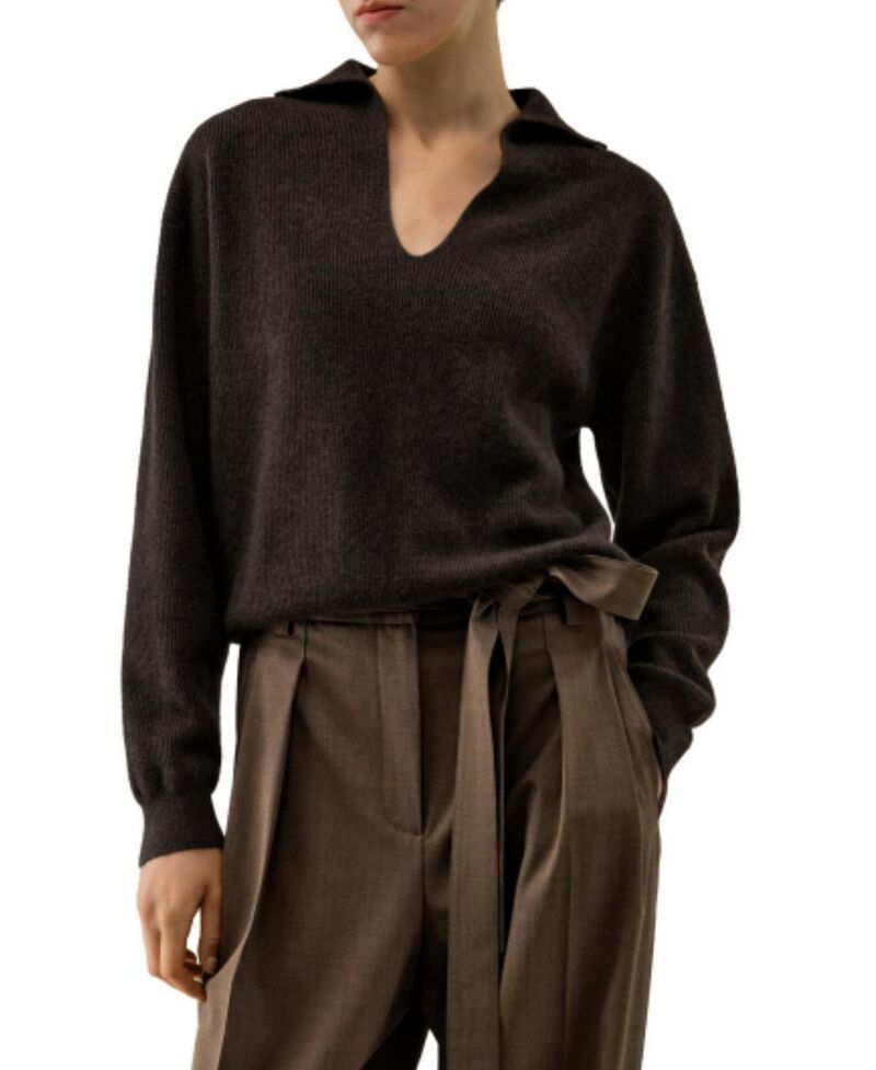 リリーシルク レディース アウター ニット・セーター ポロシャツ リブ LILYSILK Ribbed Cashmere Polo Sweater Deep Oak
