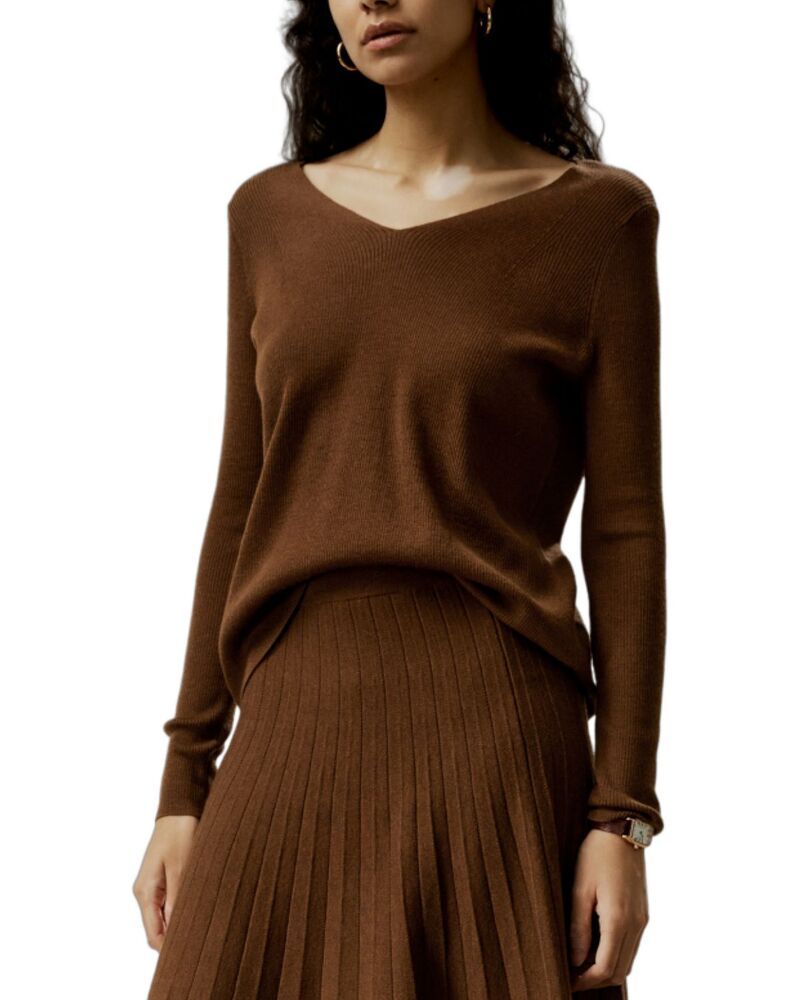 リリーシルク レディース アウター ニット・セーター Vネック ウール LILYSILK VNeck UltraFine Merino Wool Sweater Caramel