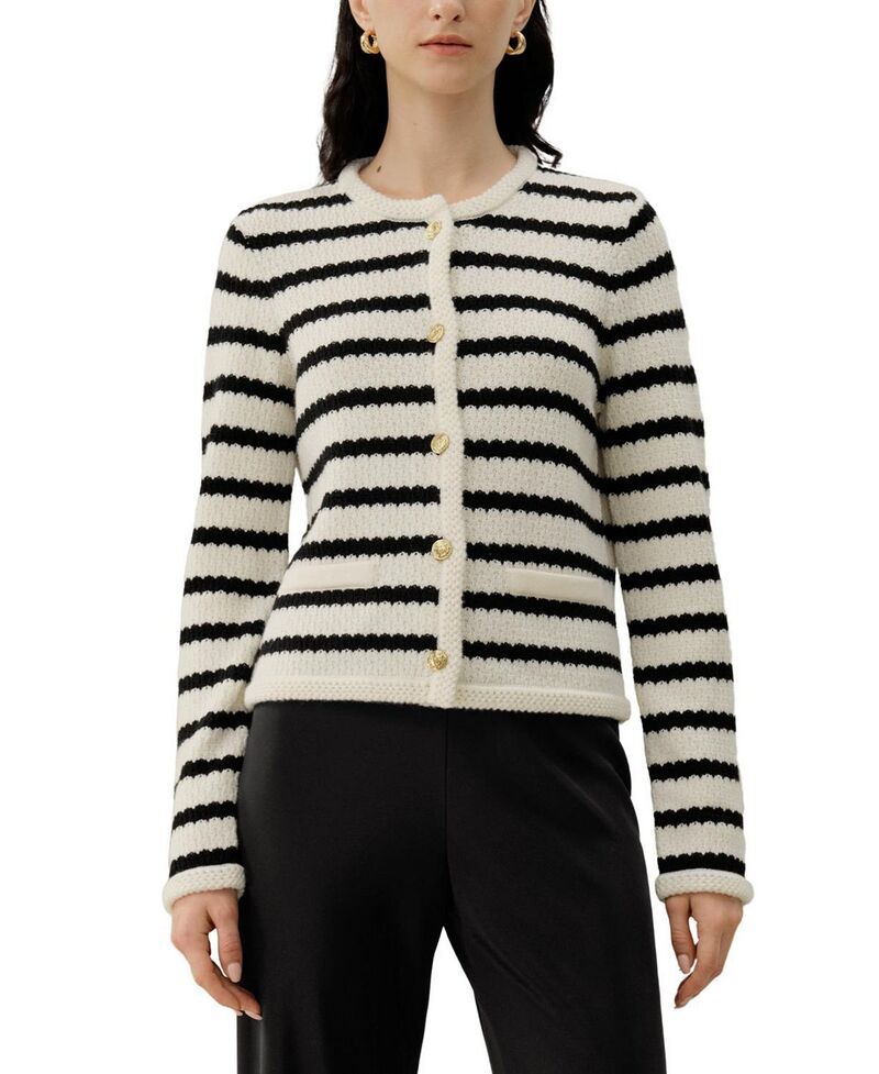 リリーシルク レディース アウター カーディガン ウール LILYSILK Stripped Crochet WashableWool Cardigan BlackWhite Stripes ホワイト