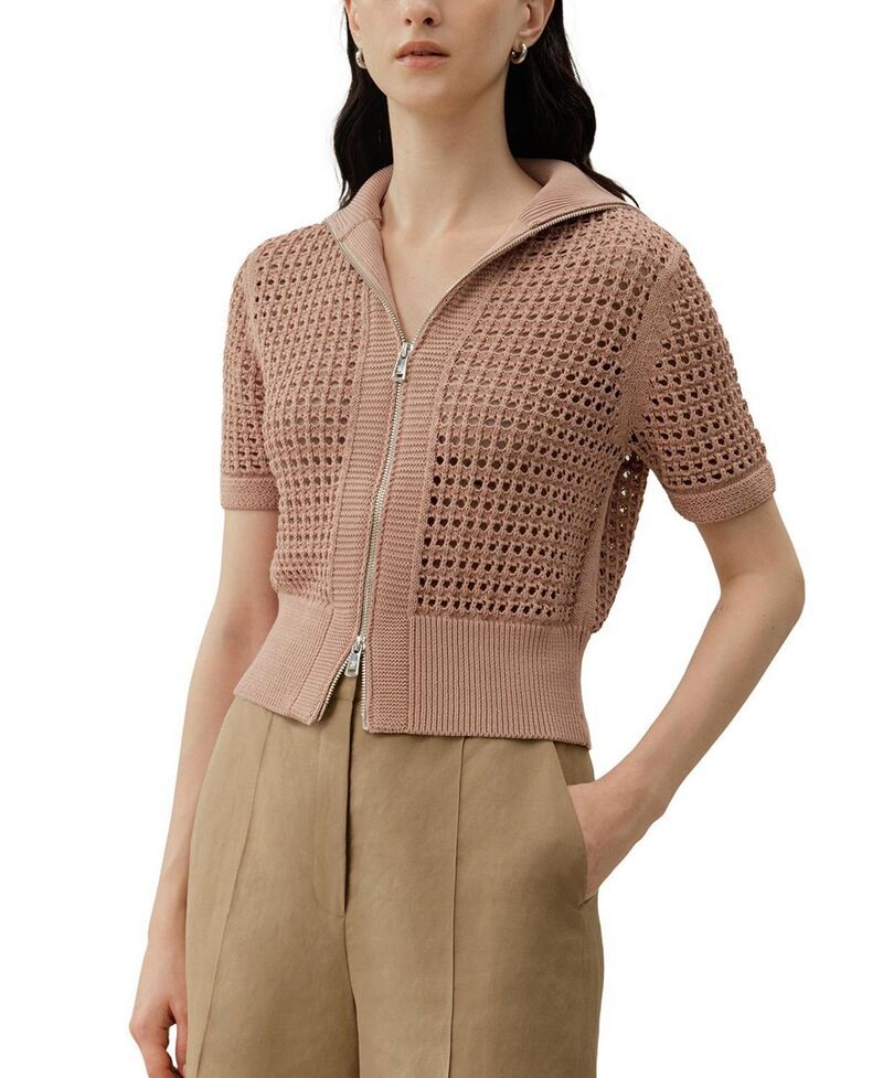 リリーシルク レディース アウター カーディガン ニット LILYSILK Toscana Pointelle Knit DoubleZip Cardigan Warm Taupe トープ