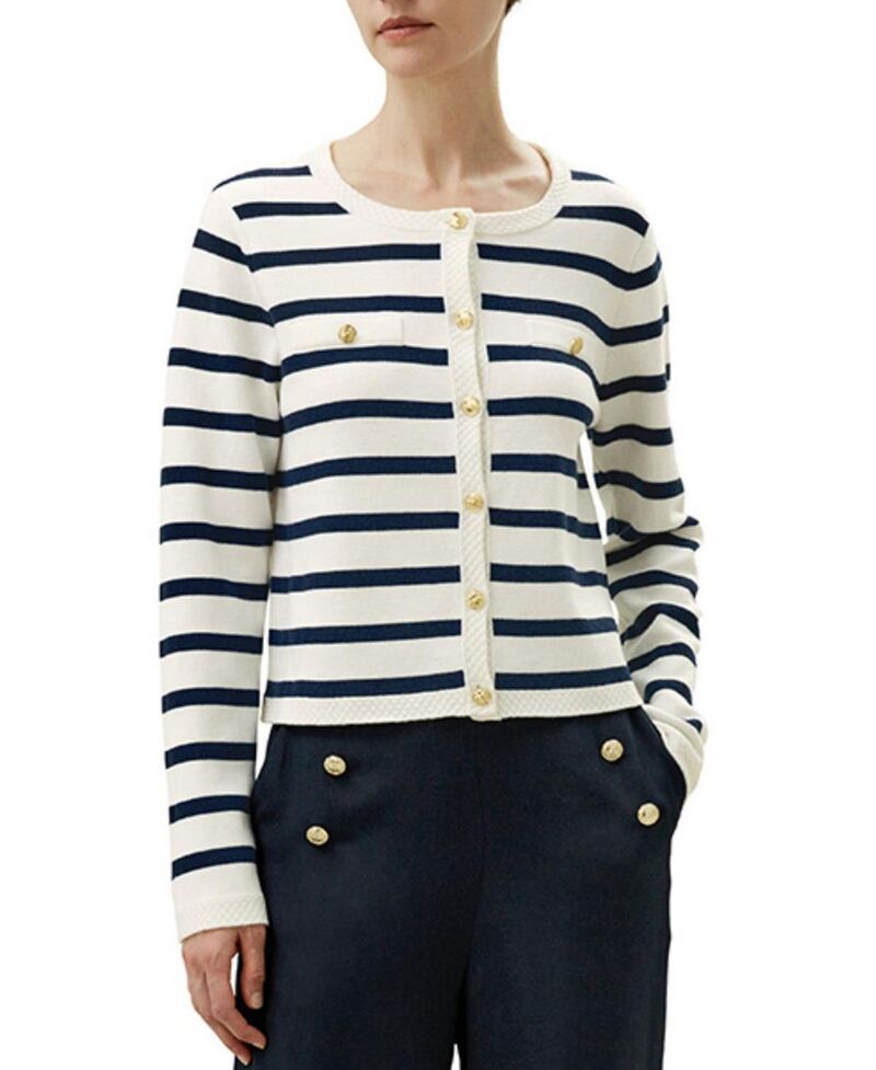 リリーシルク レディース アウター カーディガン ウール LILYSILK Gariana Striped Wool Cardiganavy Blue and White Stripes ホワイト