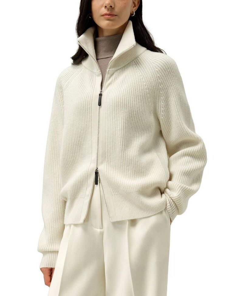 リリーシルク レディース アウター カーディガン タートルネック リブ ニット LILYSILK RibbedKniturtleneck Zip Cardigan White ホワイト