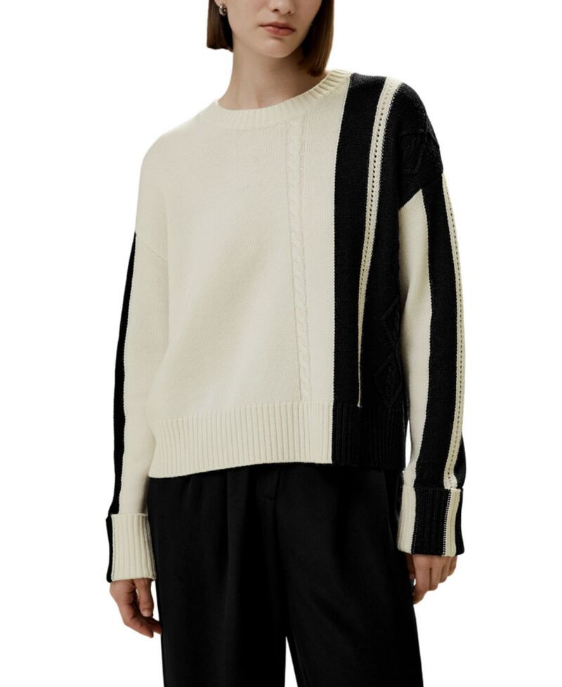 リリーシルク レディース アウター ニット・セーター ウール LILYSILK Bicolor Stripe Knit Wool Sweater Black and White Block ホワイト