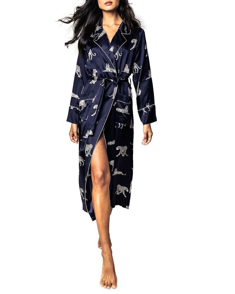 プティットプリュム レディース アンダーウェア ナイトウェア プリント シルク Petite Plume Panthre de Nuit Printed Mulberry Silk Robe Navy