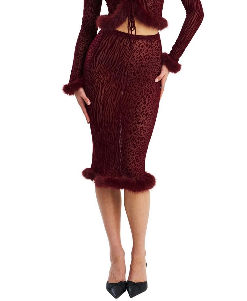 ミスサークル レディース ボトムスカート アニマル柄 プリント ベルベット Miss Circle Halianimal Print Burnout Velvet Faux Fur Trim Skir