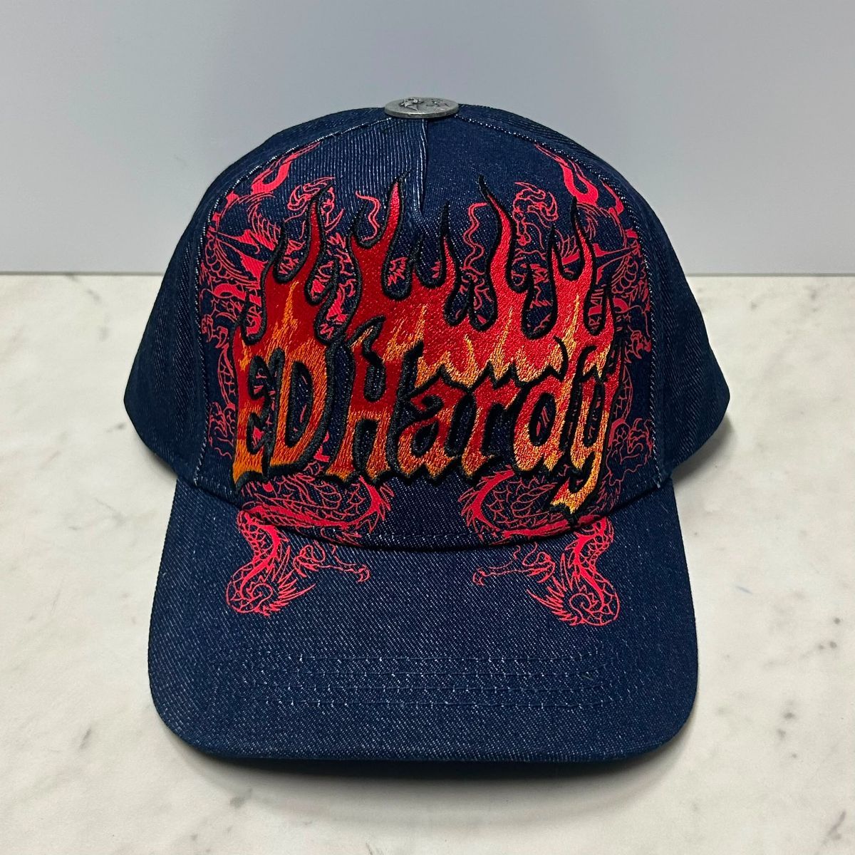 USA仕様 Ed Hardy エドハーディ Dragon Flames Denim 龍 トラッカーキャップ デニム (EDC14)