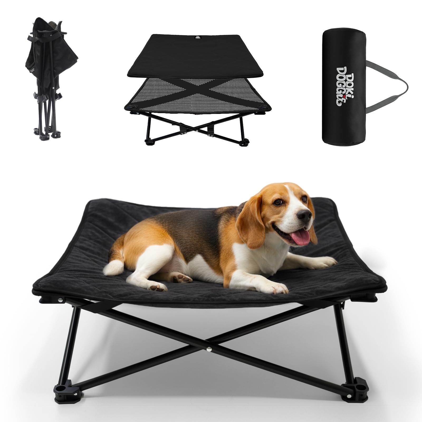 折りたたみ式ドッグベッド，携帯用の犬用ベッドです，小型犬用ペット用ベッドです，スチールフレーム 安定 耐久 通気性テスリン生地 スエードクッション付き ソフト エレベーテッド ペットコット 地面から離れ室内室外兼用 ブラック (57×57×2 9f178702