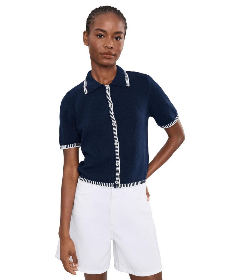 セセ レディース アウター ニット・セーター コントラスト カーディガン CeCe Short Sleeve Pointelle Contrastitch Cardigan Classic Navy