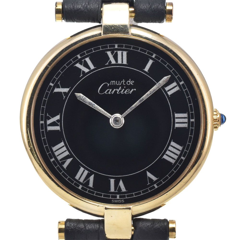 カルティエ CARTIER マストヴァンドーム SV925(GP)/レザー ブラック クォーツ メンズ 良品 腕時計 L#146816