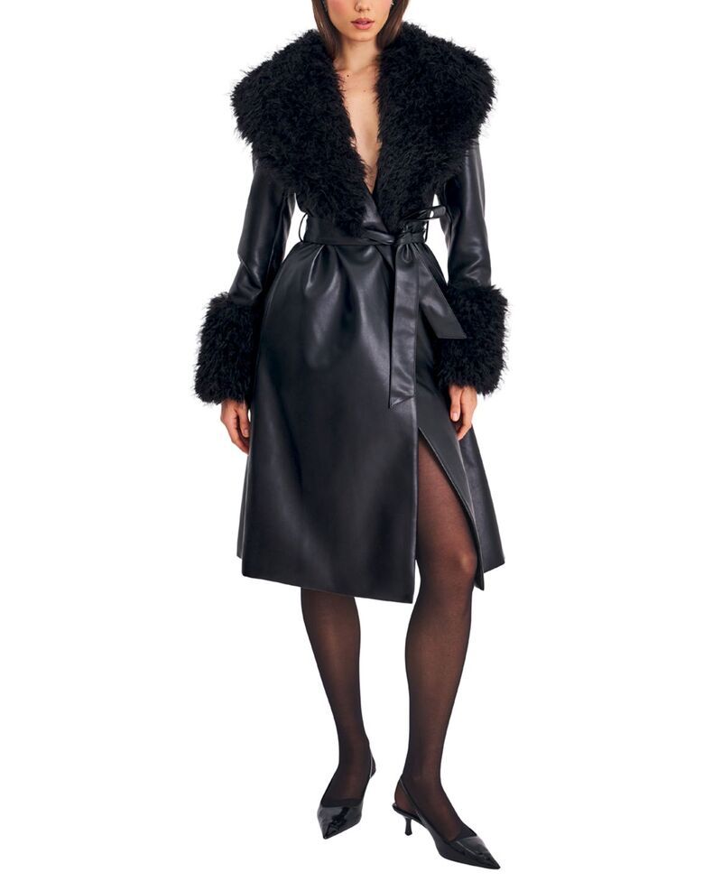 ミスサークル レディース アウター コート レザー フェイクレザー Miss Circle Zariah Faux Fur Trimmed Longline Faux Leather Coat Bla