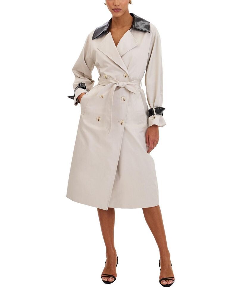ミスサークル レディース アウター コート レザー フェイクレザー Miss Circle Umber DoubleBreasted Faux Leather Lapel Trench Coat Be