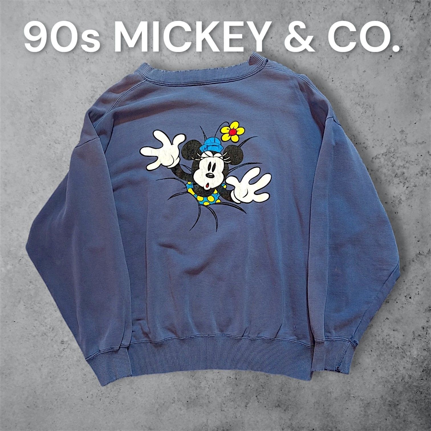 90s MICKEY & CO. ディズニー ヴィンテージ スウェット トレーナー 両面プリント キャラクター ミニー ドナルド バックプリント フェードブルー ナス紺 リブ痛みあり メンズ L相当