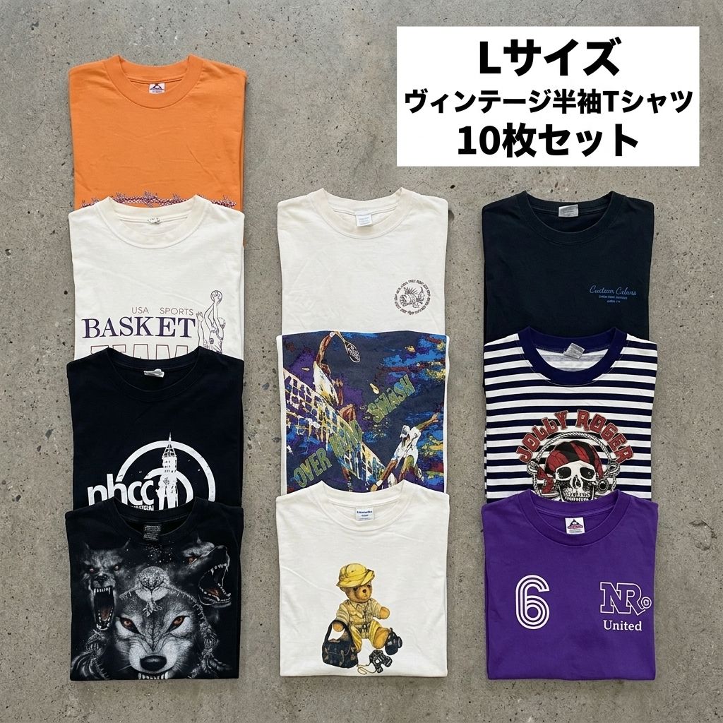 【10着まとめ売り！】～00s　半袖プリントTシャツ　アニマル　テディベア　ボーダー柄　スカル　アーチプリント　ヴィンテージ　白　ホワイト　黒　ブラック　オレンジ　Lサイズ　セット売り　古着【値引き交渉OK！】