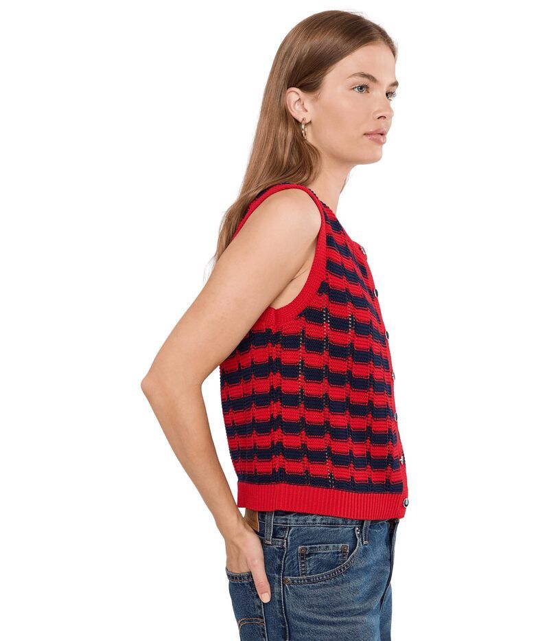525 アメリカ レディース アウター コート ベスト 525 America Isla Striped Button Front Vest Racing Red Comb レッド
