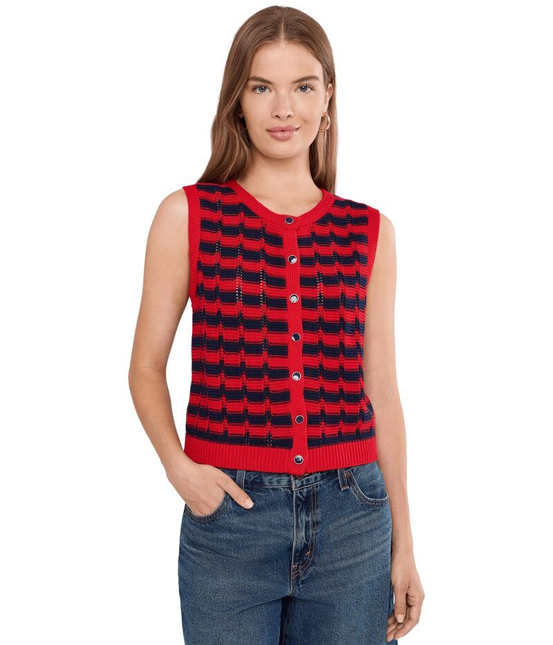525 アメリカ レディース アウター コート ベスト 525 America Isla Striped Button Front Vest Racing Red Comb レッド