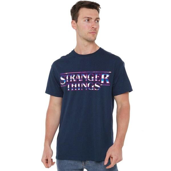 ストレンジャーシングス メンズ トップス Tシャツ ロゴ Stranger Thingstranger Things Chrometalogo TShirt Navy ネイビー