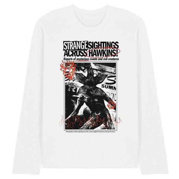 ストレンジャーシングス メンズ トップス Tシャツ Stranger Thingstranger Things Newspaper Demogorgon Sighting Long White ホワイ