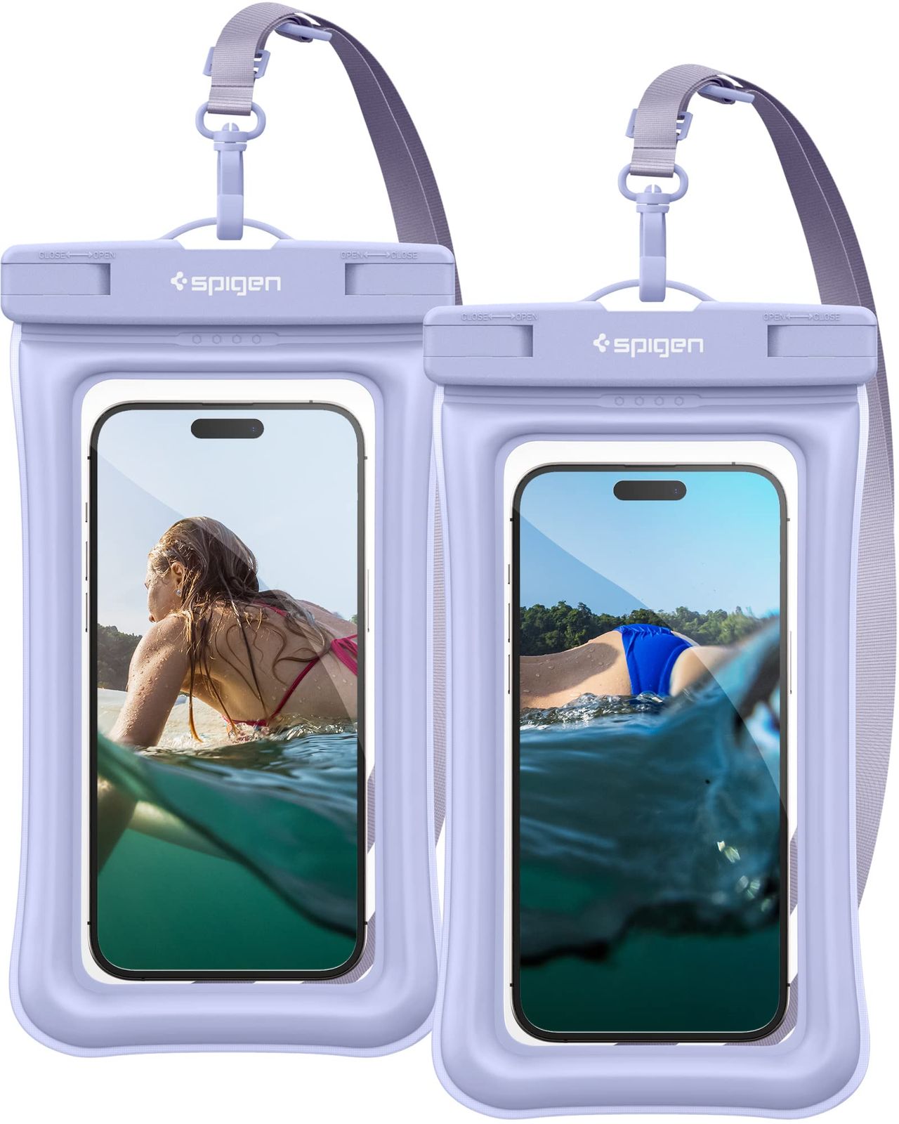 Spigen【2枚セット 完全防水】スマホ 防水ケース 小物 2枚セット IPX8認証 お風呂 最大 7インチ対応 プール 海 温泉 スキー 出し入れし易い ストラップ調節可 A610 ACS06016 (アクア・ブルー)