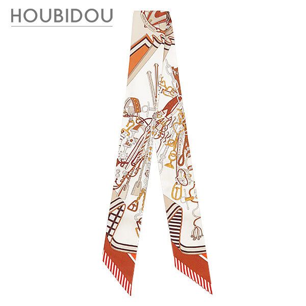 エルメス HERMES スカーフ ツイリー シルク ホワイト×アルザン×エトゥープ 【BOUQUETS SELLIER/鞍職人の花束】 【中古】