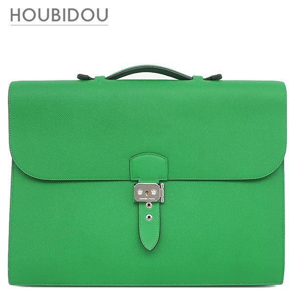 エルメス HERMES ブリーフケース サックアデペッシュ 38 ヴォーエプソン バンブー シルバー金具 緑 ビジネスバッグ T 【保存袋】【中古】
