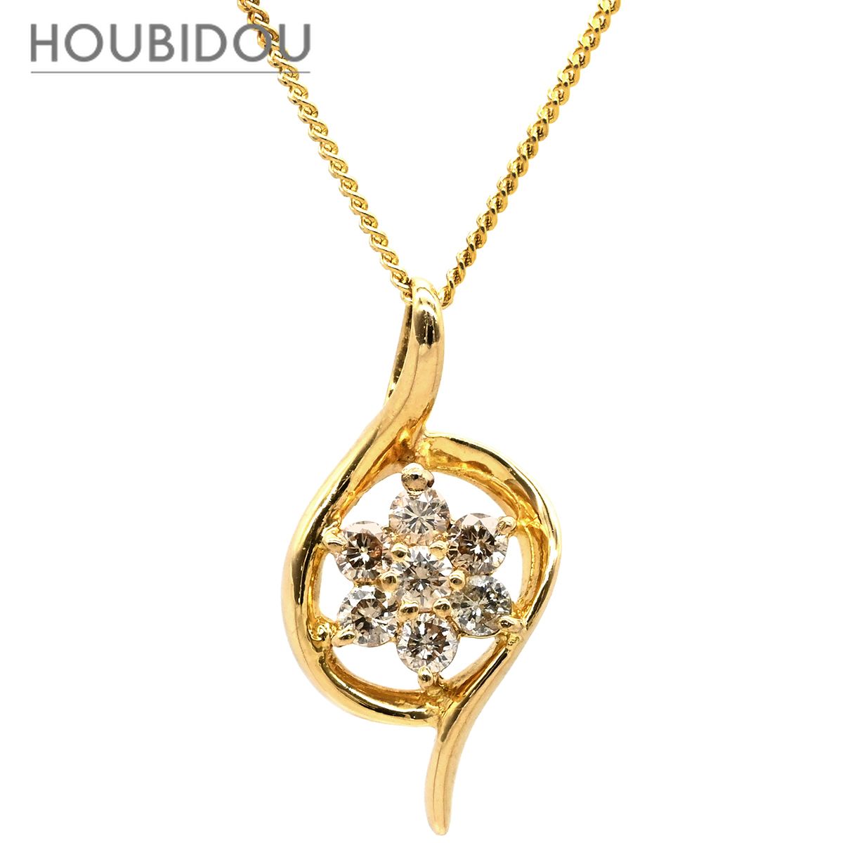 ネックレス ダイヤモンド 0.25ct イエローゴールド Au750 18K 18金 フラワークラスター スパイラルフレーム 【中古】