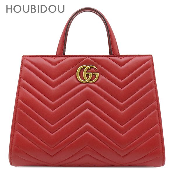 グッチ GUCCI 2WAYバッグ GGマーモント トップハンドルバッグ レザー レッド ゴールド金具 ハンドバッグ ショルダー トート 448054 【保存袋】【中古】