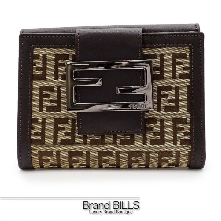 美品 FENDI フェンディ ズッキーノ ダブルホック二つ折り財布 8M0035 レザー ジャガードキャンバス ダークブラウン系 メンズ