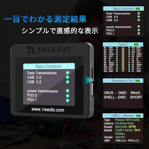 Treedix USBケーブルチェッカー テスター 断線/抵抗値/機能/eMarker検知 Type-C Micro-B Mini-B Lightning対応Ju