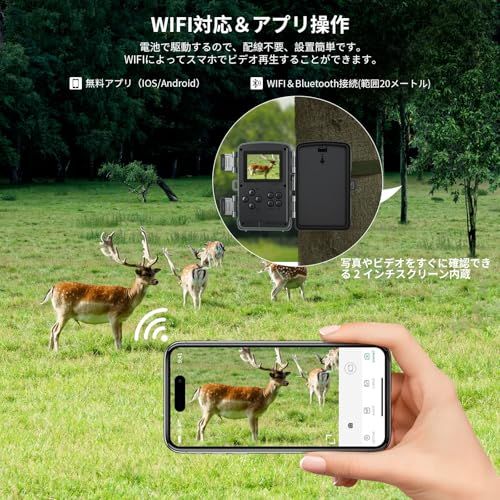 KJK 最新型【WIFI対応】トレイルカメラ 赤外線カメラ 防犯カメラ 静止画6400万画素 動画8k 野生動物監視 防犯 乾電池式 0.05秒超高速トリガー 夜間低輝度光らく赤外線LED 人感センサー 内蔵録音マイク IP67級防水防塵 屋外 屋内 監視Ju KJK 最新型【WIFI対応】トレイルカメラ 赤外線カメラ 防犯カメラ 静止画6400万画素 動画8k 野生動物監視 防犯 乾電池式 0.05秒超高速トリガー 夜間低輝度光らく赤外線LED 人感センサー 内蔵録音マイク IP67級防水防塵 屋外 屋内 監視Ju