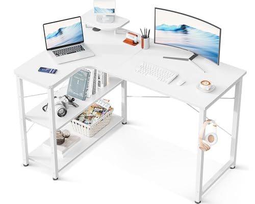 ODK パソコンデスク L字 ゲーミングデスク 幅110 L字デスク pcデスク desk 机 ラック付き 収納 オフィスデスク 在宅勤務 組立簡単 書斎 ホワイト 左棚ｍａ