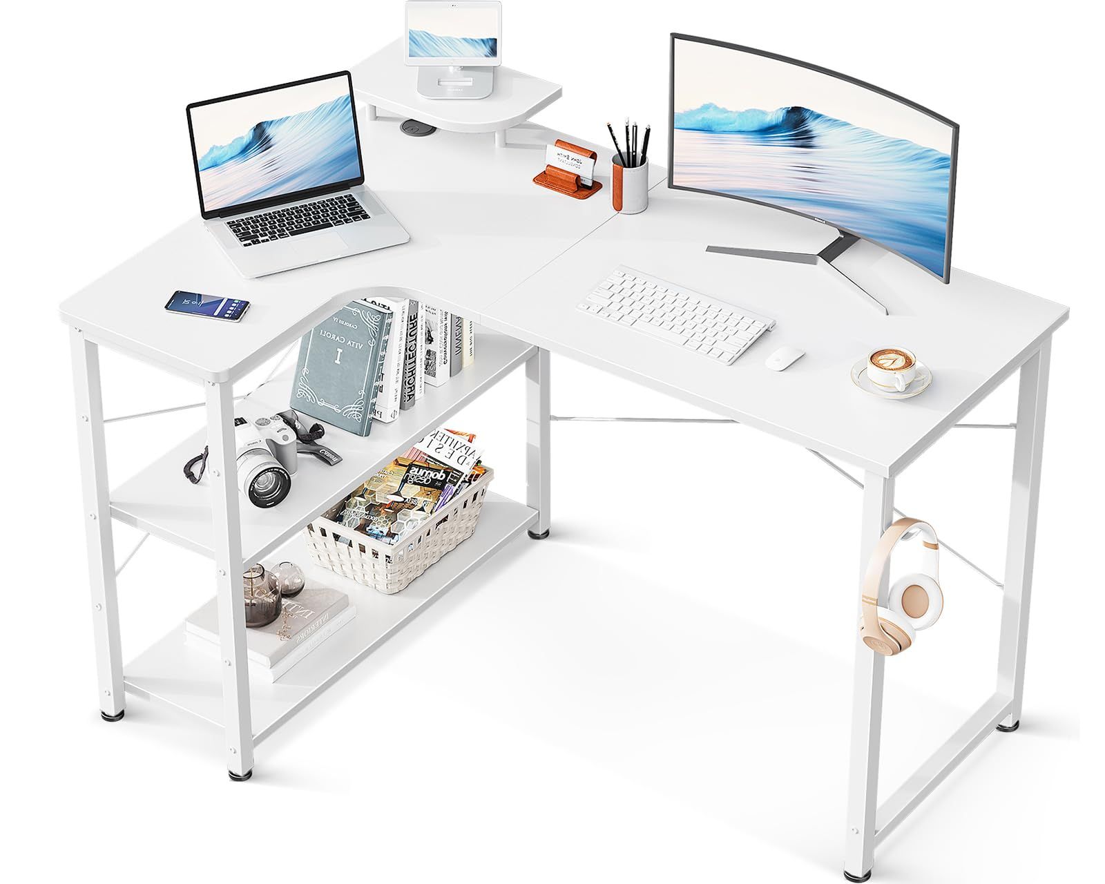 ODK パソコンデスク L字 ゲーミングデスク 幅110 L字デスク pcデスク desk 机 ラック付き 収納 オフィスデスク 在宅勤務 組立簡単 書斎 ホワイト 左棚ｍａ