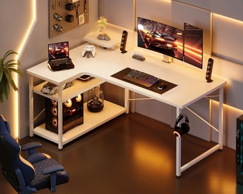 ODK パソコンデスク L字 ゲーミングデスク 幅110 L字デスク pcデスク desk 机 ラック付き 収納 オフィスデスク 在宅勤務 組立簡単 書斎 ホワイト 左棚ｍａ