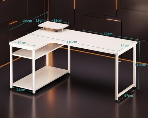 ODK パソコンデスク L字 ゲーミングデスク 幅110 L字デスク pcデスク desk 机 ラック付き 収納 オフィスデスク 在宅勤務 組立簡単 書斎 ホワイト 左棚ｍａ