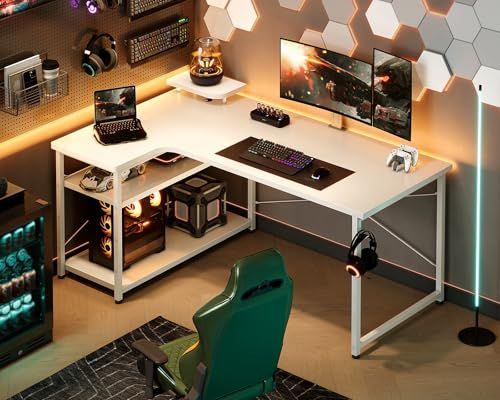 ODK パソコンデスク L字 ゲーミングデスク 幅110 L字デスク pcデスク desk 机 ラック付き 収納 オフィスデスク 在宅勤務 組立簡単 書斎 ホワイト 左棚ｍａ