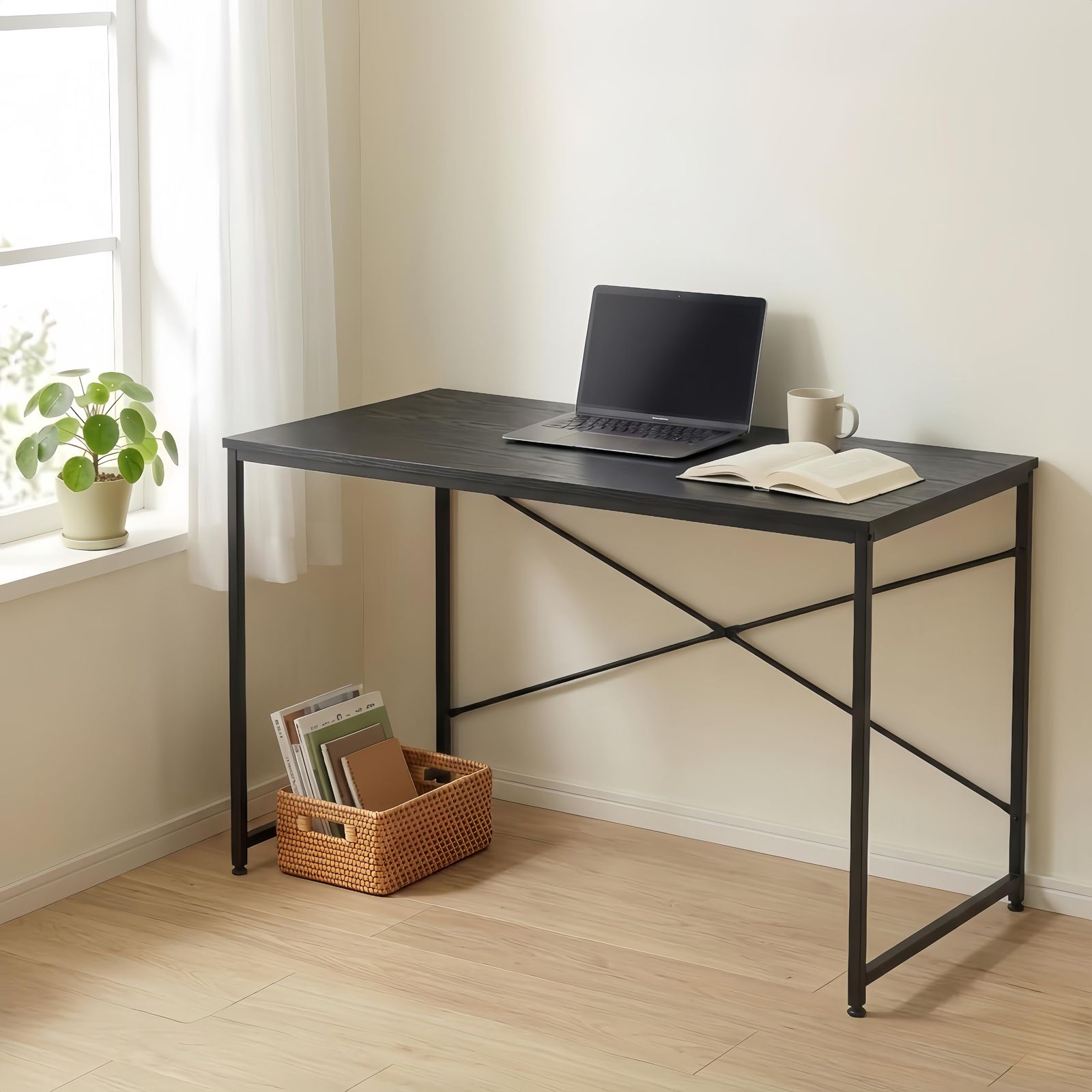 N&S デスク 幅120cm パソコンデスク 在宅勤務 テレワーク ワークデスク 学習机 おしゃれ 木製天板 ブラックｍａ