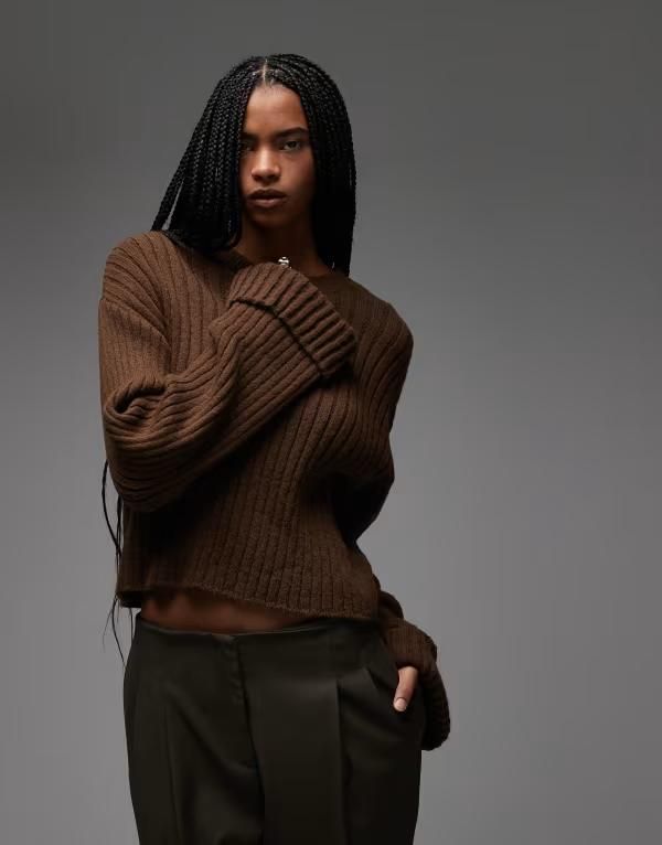 エイソス レディース アウター ニット・セーター セーター ニット ASOS DESIGN knit sweater with turn up cuff Brown ブラウン