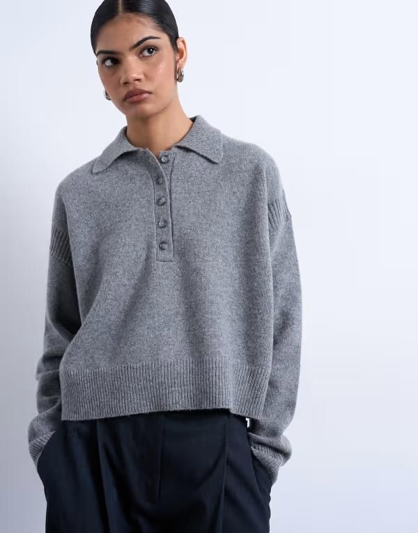 トップショップ レディース アウター ニット・セーター ポロシャツ ウール Topshop knit premium 100 lambswool polo sweater Gray グレー