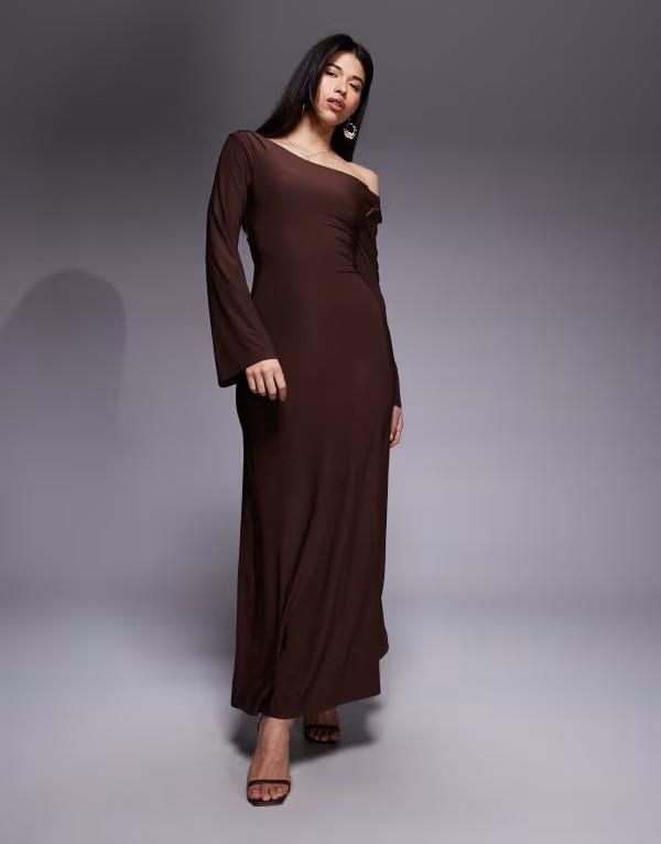 エイソス レディース トップス ワンピース マキシ ASOS DESIGN off shoulder sculpting maxi dress in chocolate チョコレート