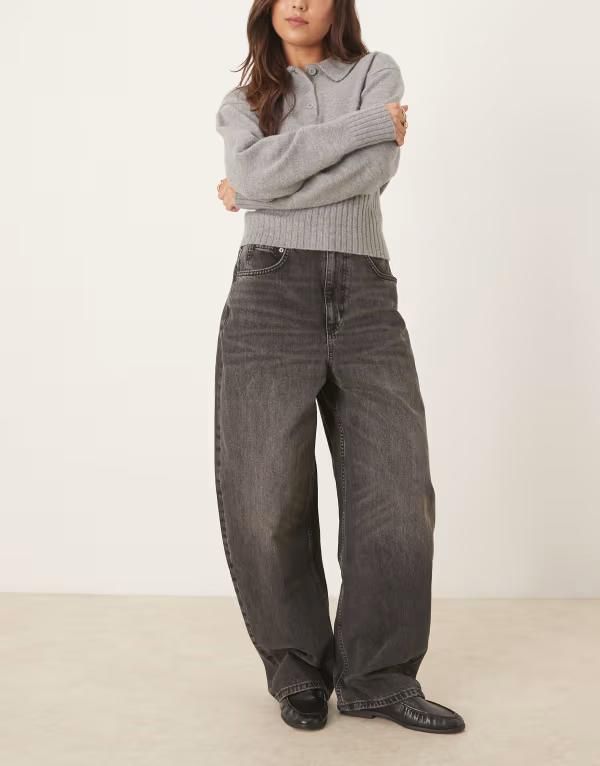 エイソス レディース ボトムス デニムパンツ ジーンズ ASOS DESIGN high waisted barrel leg jeans in washed charcoal Black ブラック