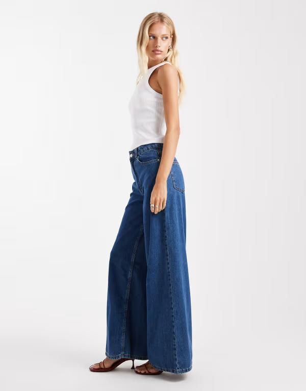 エイソス レディース ボトムス デニムパンツ ワイドレッグ ハイウエスト ジーンズ ASOS DESIGN high waist wide leg jeans in midwash MID BLUE