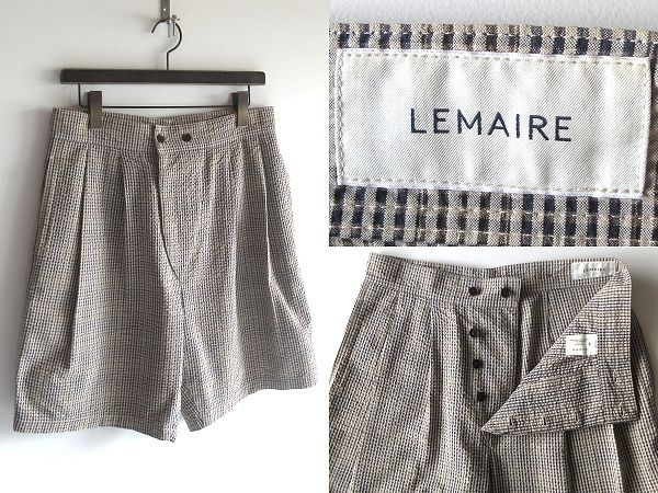 イタリア製 CHRISTOPHE LEMAIRE クリストフ ルメール BOXER SHORTS チェック シアサッカー ショートパンツ タック ショーツ 46 国内正規品