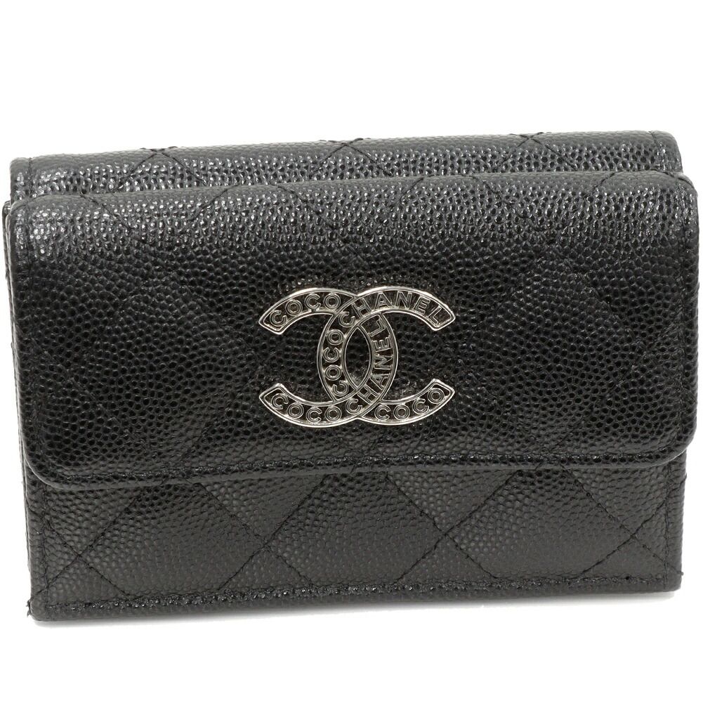 シャネル 三つ折り財布(小銭入れあり) COCOCHANEL ココシャネル スモールフラップウォレット マトラッセ キャビアスキン 黒 シルバー金具 AP3827 B15620 94305