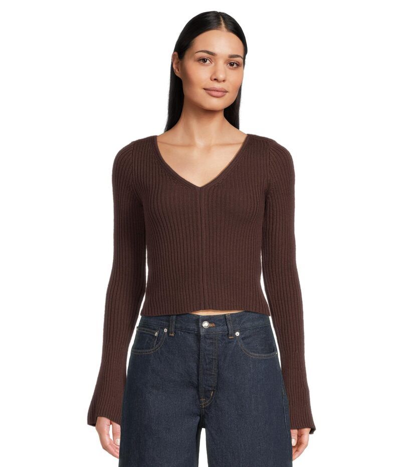 メイドウェル レディース アウター ニット・セーター Vネック リブ Madewell Ribbed Merino Flare Sleeve Vneck Clari Chocolate Raisin
