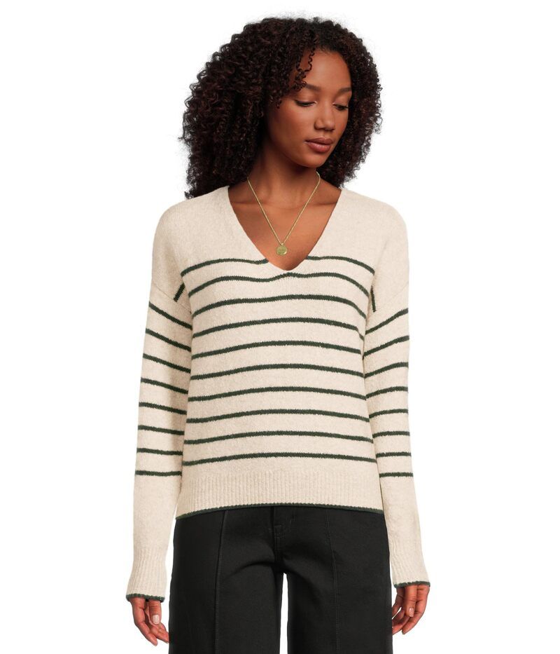 メイドウェル レディース アウター ニット・セーター Vネック コットン Madewell Stripe VNeck Cozy Cotton Wedged Pullover True Black ブラ