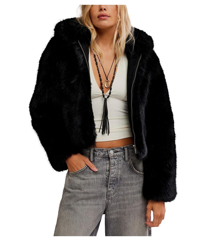 フリーピープル レディース アウター コート ジャケット Free People Louder Please Hooded Faux Fur Jacket Black ブラック