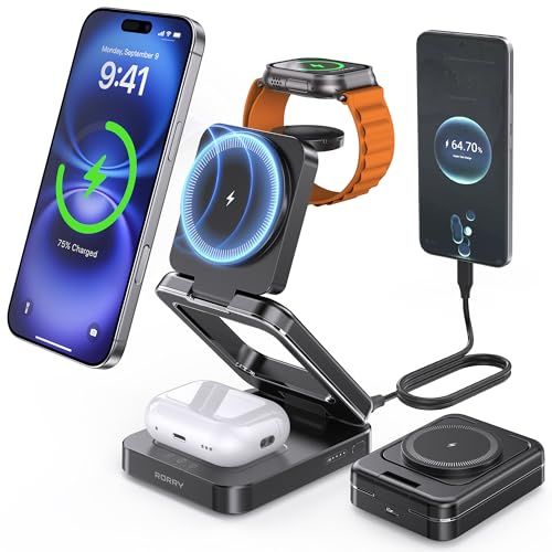 RORRY 3in1 magsafe充電器【 三つ折り式・スタンド型・Apple Watch対応】magsafe対応 5000mAh ワイヤレス充電器 最大15W 4台同時充電 マグネット式 For iPhone/Apple Watch/Ai ee58be43