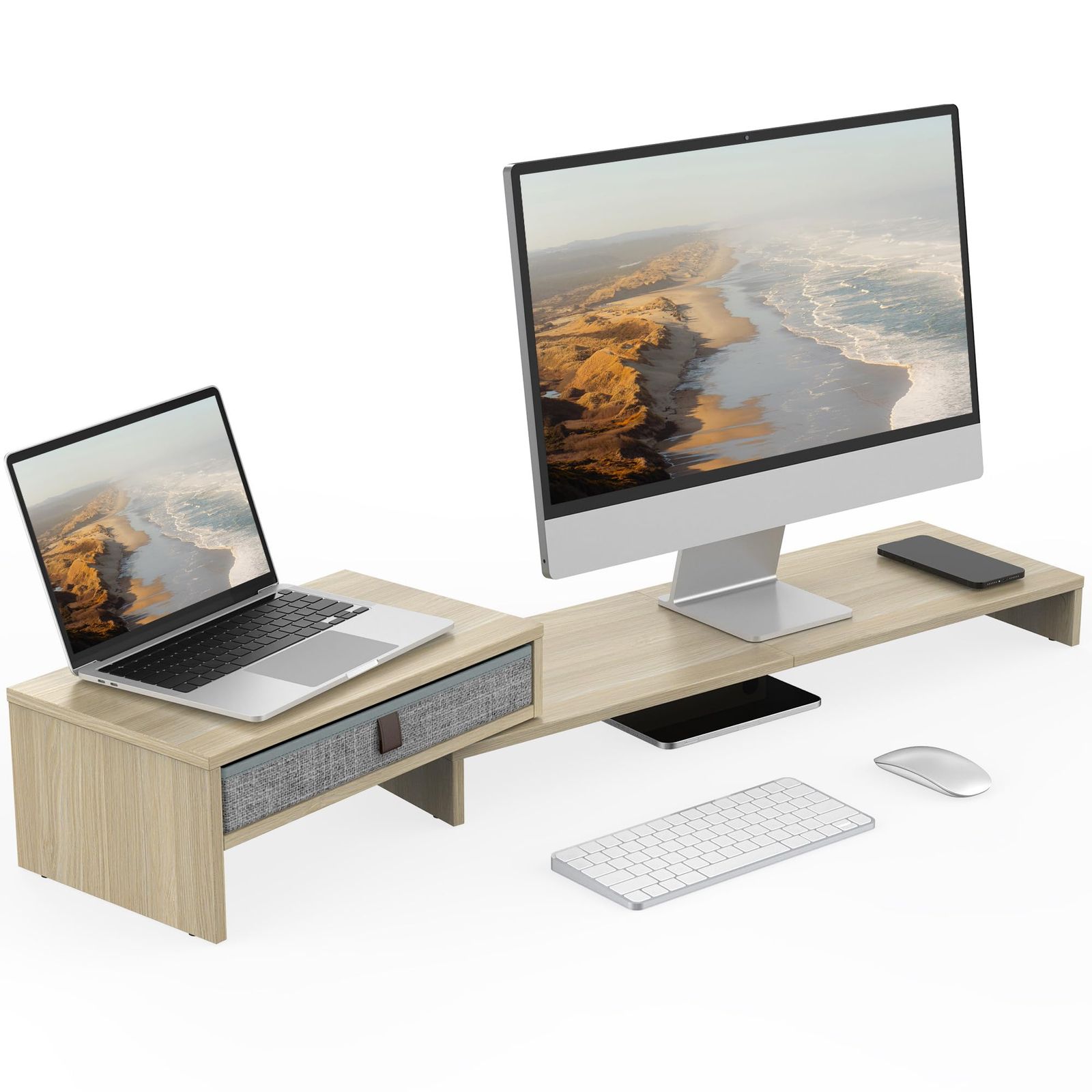 Fenge モニター台 机上台 パソコン台 モニタースタンド 横幅78.3-113cm 木製天板 PC台卓上 机上ラック pcモニター台 パソコンラック 卓上 引き出し収納オークG04D1083Cas 85b3bdf9
