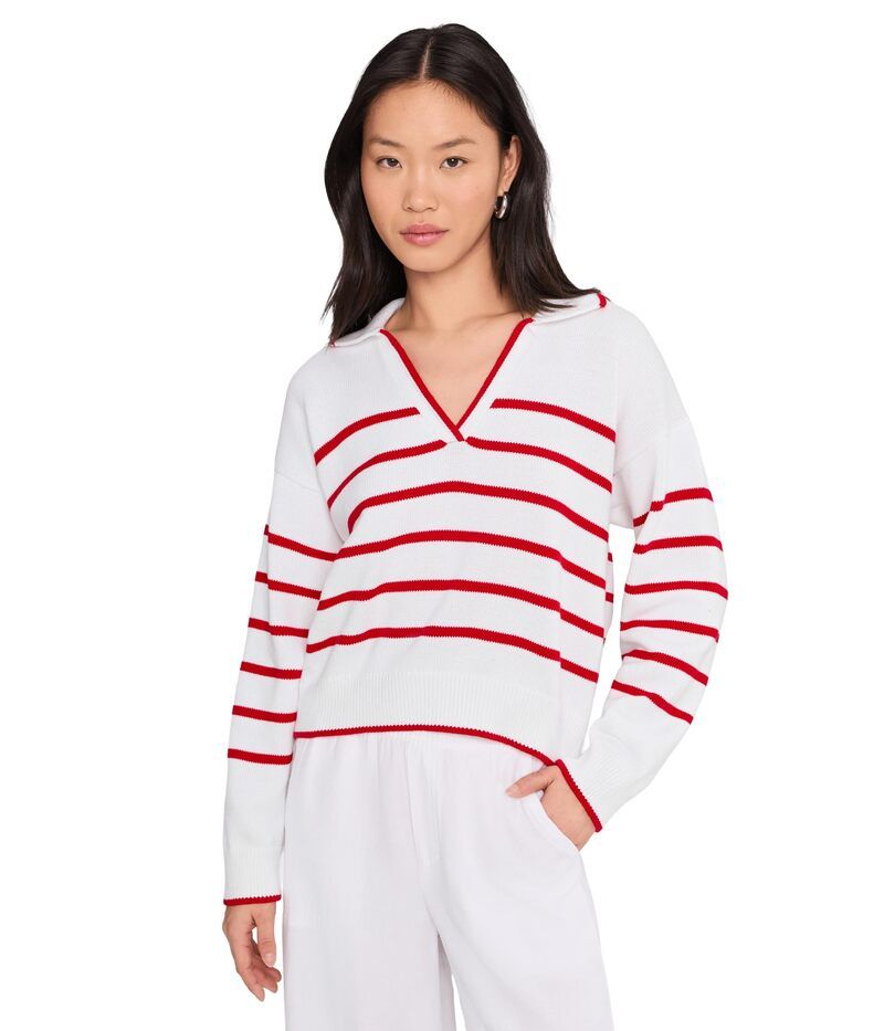 スプレンディット レディース アウター ニット・セーター ポロシャツ Splendid Arden Stripe Polo Sweater WhiteRouge ホワイト