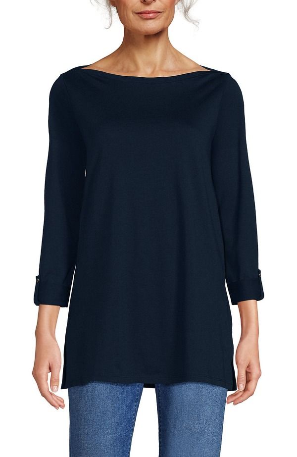 ランズエンド レディース トップス シャツ コットン Lands End Supima Cotton Adjustable 34 Sleeve Boatneck Tunic Radiant Navy