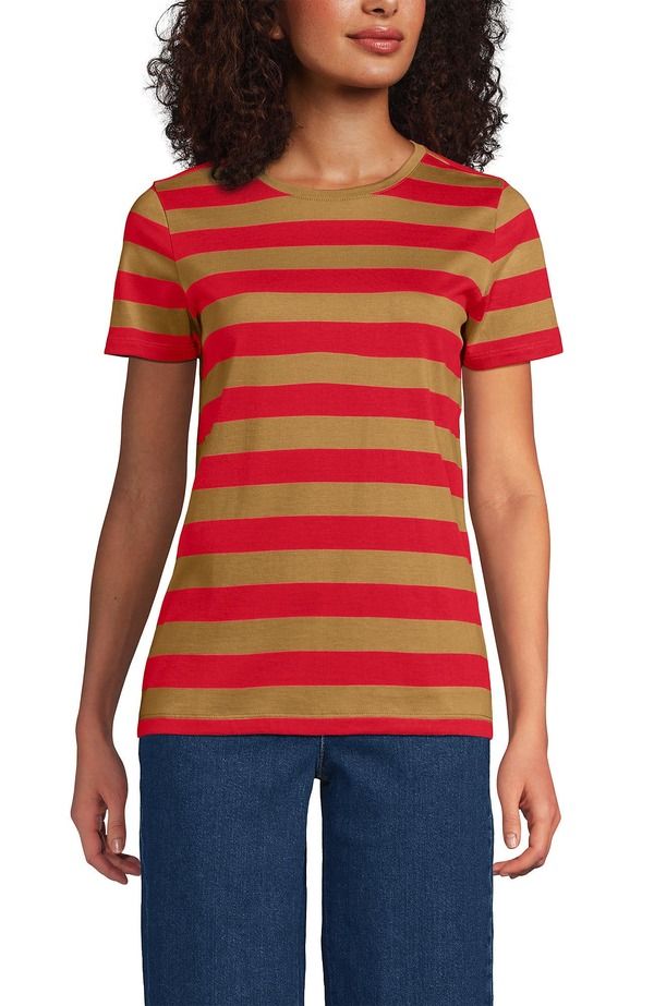 ランズエンド レディース トップス Tシャツ クルーネック コットン Lands End Supima Cotton Crewneck TShirt Rich Ginger Even Stripe ス